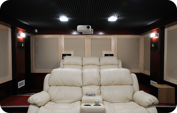 Custom home theater room with large screen