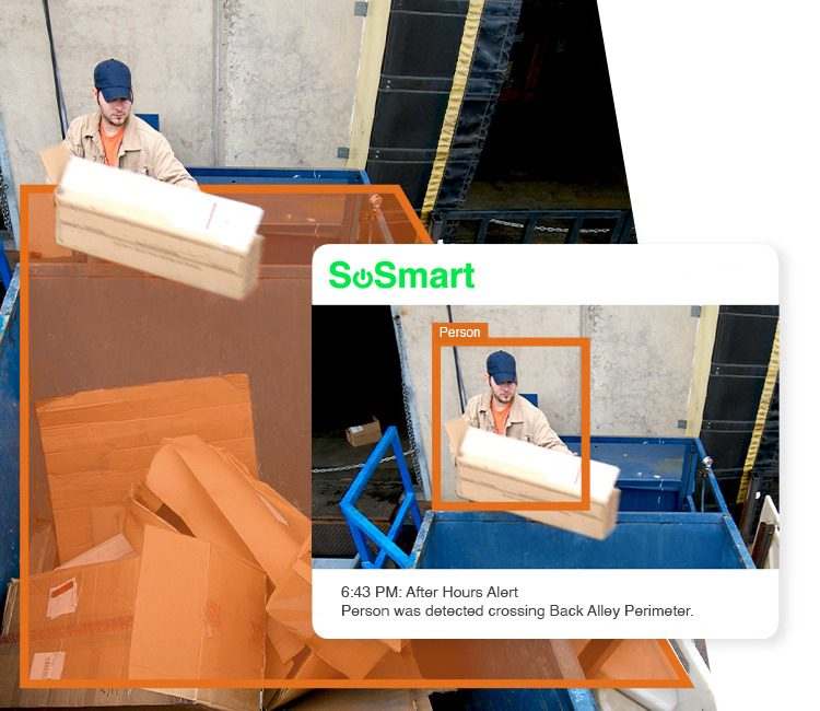 AI camera detecting a person by a dumpster at night
