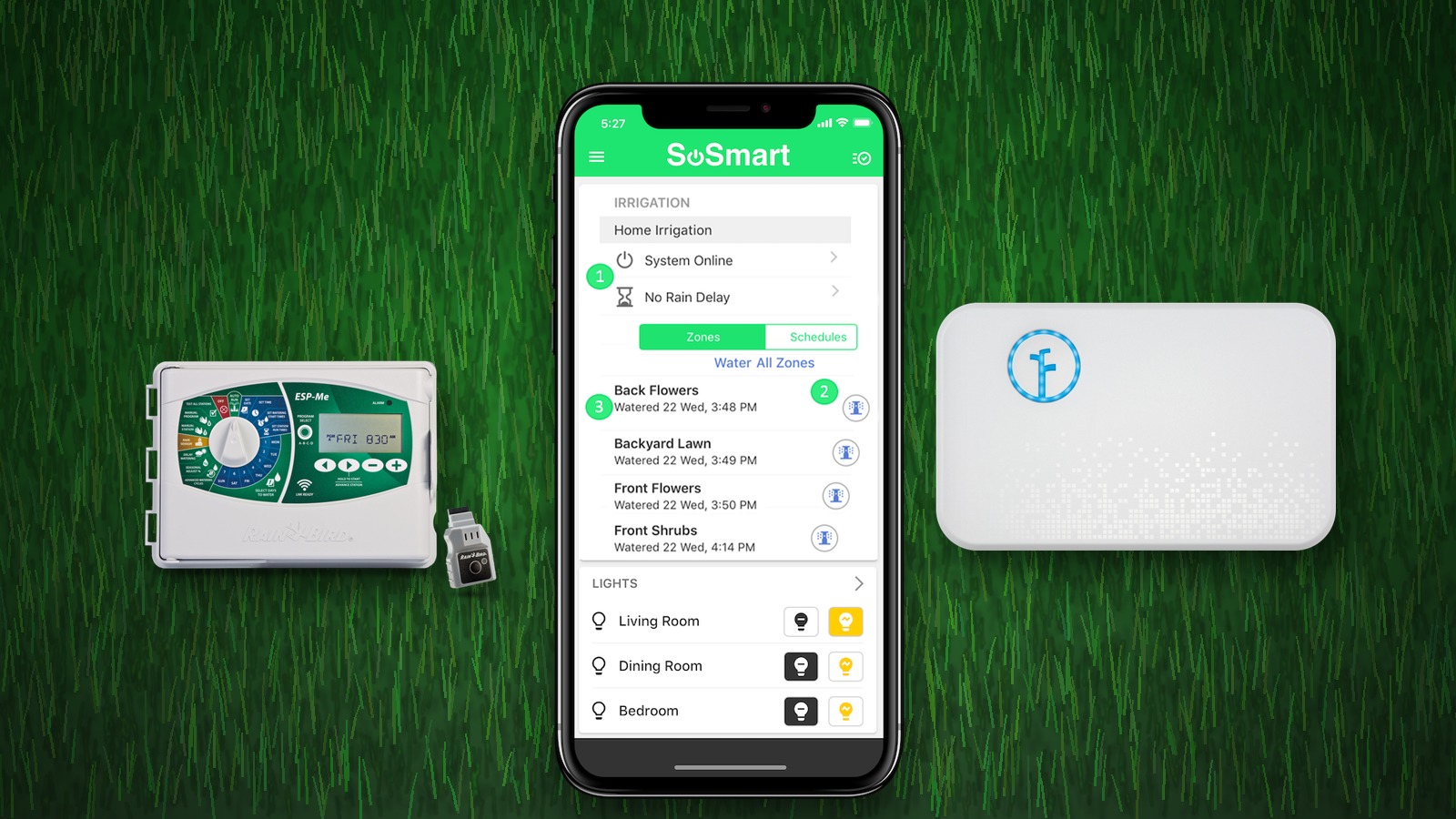 Rain Bird and Rachio smart sprinkler controllers paired with the SoSmart irrigation app